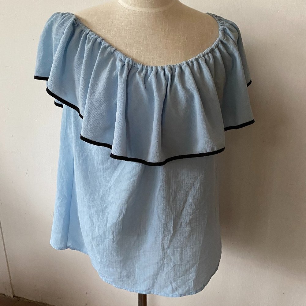 Spense Off the Shoulder Coquette Top Large Blue Ruffle Milkmaid Flowy‎